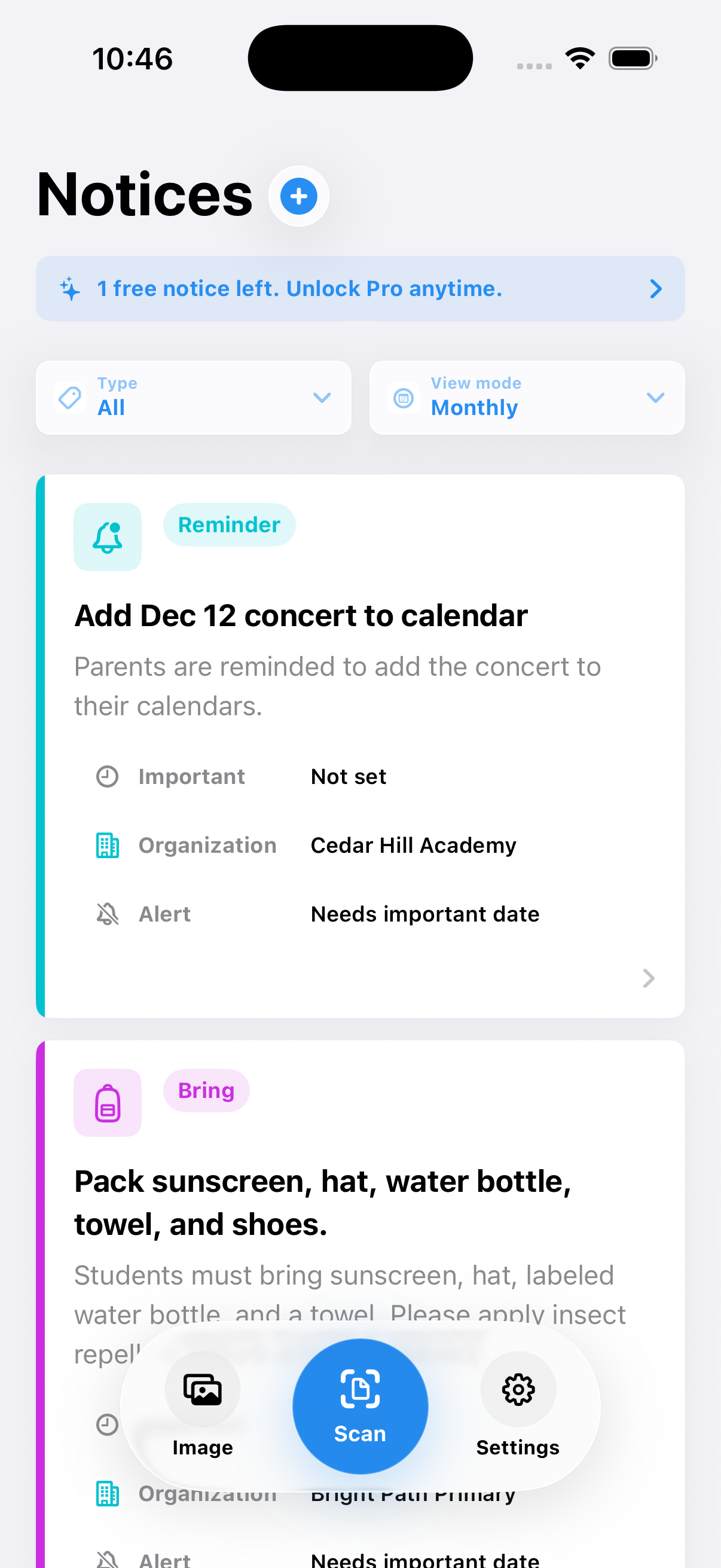CampusCue action inbox with reviewed school notice cards