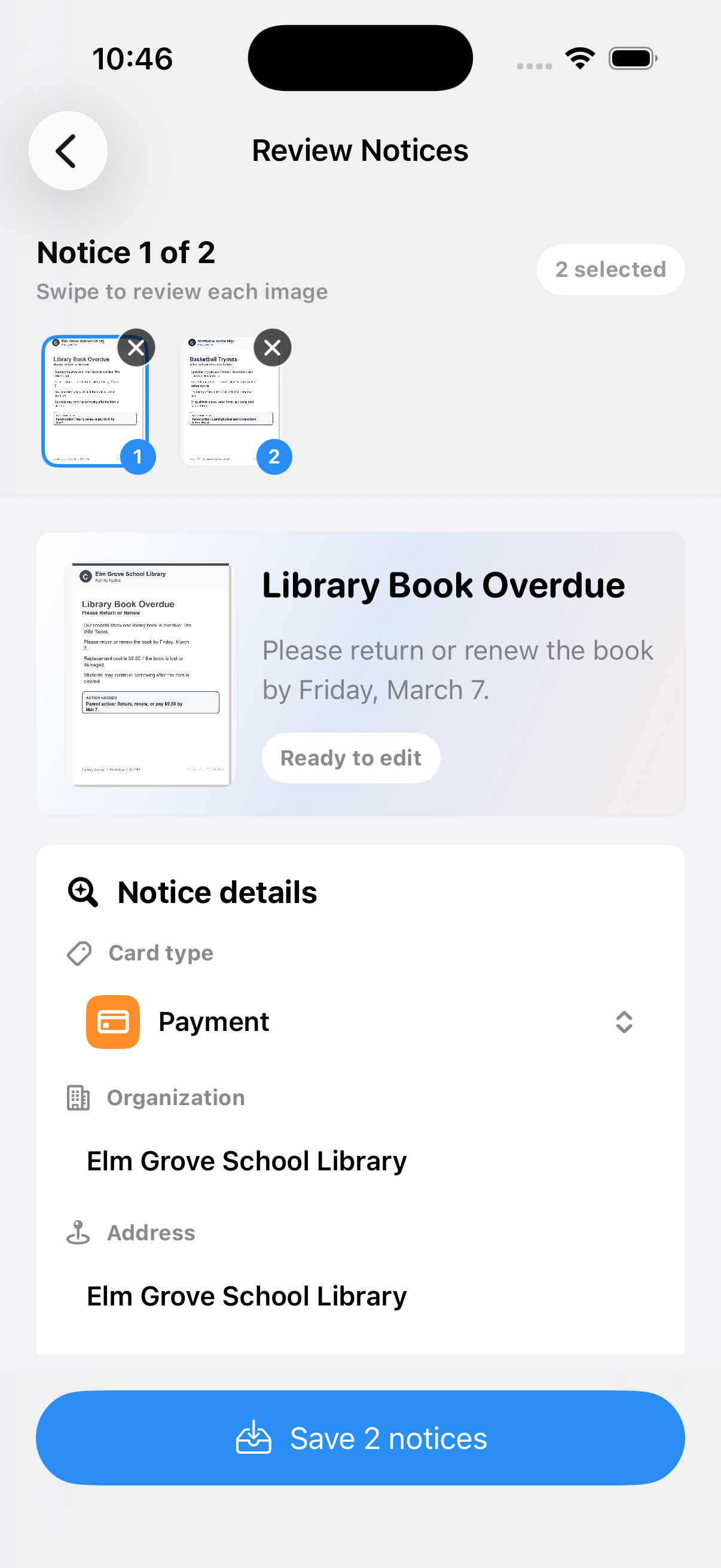 CampusCue review screen showing extracted notice details