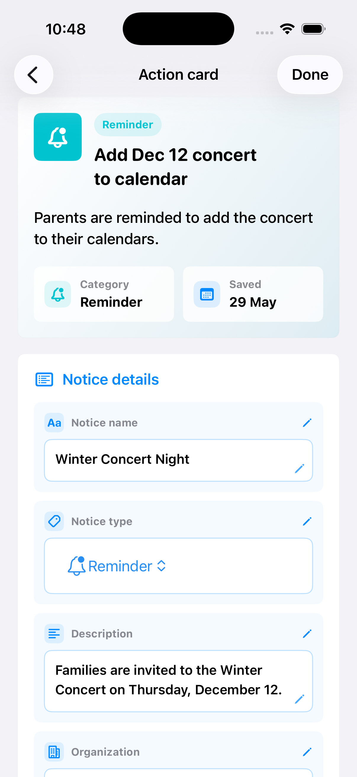 CampusCue editable action card details